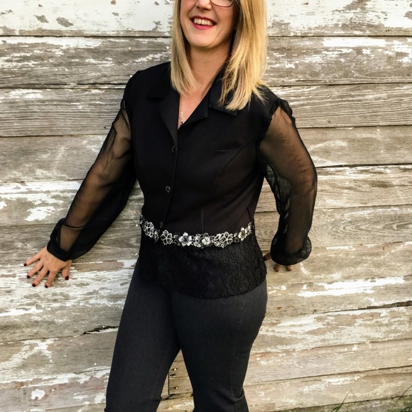 Vintage 80's 90's Sheer Black Top Jacket Lace Silv - Picture 3 of 8